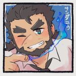  1boy bara black_hair blue_fire blush chibi dark-skinned_male dark_skin facial_hair fire forked_eyebrows igarashi_(igarashi_ta) looking_at_viewer lowres male_focus mature_male mustache_stubble one_eye_closed portrait sandayu_(housamo) scar scar_on_cheek scar_on_face short_hair smile solo stubble tokyo_afterschool_summoners translation_request 