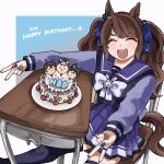  1girl ^_^ animal_ears birthday birthday_cake bow bowtie brown_hair cake chair closed_eyes dated desk double_v eishin_flash_(umamusume) facing_viewer food gold_ship_(umamusume) highres horse_ears horse_girl horse_tail horseshoe_ornament nakayama_festa_(umamusume) pleated_skirt purple_sailor_collar purple_serafuku purple_shirt purple_skirt purple_thighhighs sailor_collar sailor_shirt school_chair school_desk school_uniform serafuku shirt skirt smile solo tail thighhighs tosen_jordan_(umamusume) tracen_school_uniform twintails umamusume v wavy_hair white_bow white_bowtie yuta_uma9 