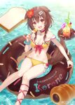  1girl animal_ears bikini bone_hair_ornament bread brown_eyes brown_hair character_name collar commentary dog_ears dog_girl dog_tail doughnut drink feet_out_of_frame flower food front-tie_bikini front-tie_top fukahire_(ruinon) hair_between_eyes hair_flower hair_ornament highres holding holding_food hololive innertube inugami_korone looking_at_viewer navel off-shoulder_bikini off_shoulder open_mouth red_collar red_flower side-tie_bikini sitting smile solo swimsuit symbol-only_commentary tail virtual_youtuber water wristband yellow_bikini 