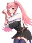  1girl ;p absurdres belt breasts dress fire_emblem fire_emblem:_three_houses garreg_mach_monastery_uniform gonzarez highres hilda_valentine_goneril large_breasts long_sleeves looking_at_viewer one_eye_closed own_hands_together skindentation smile solo sword thighhighs thighs tongue tongue_out twintails weapon white_background 