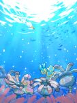  black_eyes bubble closed_eyes commentary_request fish gen_3_pokemon gen_4_pokemon highres kikuyoshi_(tracco) lileep no_humans pokemon pokemon_(creature) shellos shellos_(east) shellos_(west) silhouette smile underwater wingull 