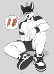 anjing_kampuss anthro biceps bodily_fluids bottomwear canid canine canis clothed clothing domestic_dog food hat headgear headwear hi_res hot_dog husky joseph_(anjing_kampuss) male mammal muscular muscular_male nordic_sled_dog pecs popsicle shorts solo spitz sweat tongue tongue_out topless