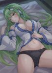  1girl absurdres bed black_panties blush breasts commentary frog frog_hair_ornament green_eyes green_hair hair_ornament hair_tubes highres indoors kochiya_sanae large_breasts long_hair looking_at_viewer lying open_clothes open_shirt panties ramie_(ramie541) single_hair_tube smile snake snake_hair_ornament spread_legs touhou underwear 