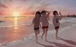  3girls arm_around_shoulder barefoot beach blue_eyes bridge closed_mouth daluto_(hitomi555) english_commentary footprints hand_in_pocket hand_on_own_head highres holding holding_phone hood hoodie horizon long_hair looking_up multiple_girls open_mouth original phone sand shirt short_hair shorts sunset twintails water waves white_shirt 