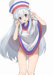  1girl absurdres blue_eyes blush bottomless dancing hakata-san hakata_no_shio hat highres long_hair open_mouth paw_pose personification poncho shiu_kyu simple_background smile solo sombrero very_long_hair white_background white_hair 