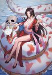  1girl animal asdyindsa black_hair blue_eyes boa_hancock breasts cleavage collarbone crossed_legs earrings full_body high_heels highres huge_breasts jewelry large_breasts long_hair midriff one_piece salome_(one_piece) sitting skull smile snake snake_earrings solo very_long_hair 