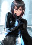  1girl bathing black_bodysuit black_hair blush bodysuit brown_eyes hand_on_own_face indoors kilye_kairi latex latex_bodysuit looking_at_viewer multicolored_hair one-piece_swimsuit original parted_lips red_hair skin_tight smile solo streaked_hair swimsuit v v_over_mouth 