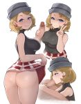  1girl alternate_breast_size artsheops ass blue_eyes blush breasts fellatio highres oral penis pokemon pokemon_(anime) serena_(pokemon) simple_background skirt smile tongue watermark white_background 