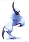  absol absurdres bright_pupils claws from_side full_body highres likey looking_down no_humans pokemon pokemon_(creature) red_eyes signature solo white_fur white_pupils 