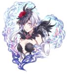 1girl closed_mouth elbow_gloves feather_hair_ornament feathers fur_trim gloves grey_eyes hair_bun hair_ornament headdress looking_at_viewer okasi_mgmgmg short_hair sidelocks simple_background sinoalice smile smoke snow_white_(sinoalice) solo white_background white_hair 