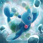  air_bubble blurry brionne bubble commentary_request eyelashes gen_7_pokemon grey_eyes kikuyoshi_(tracco) no_humans open_mouth outstretched_arms pink_pupils pokemon pokemon_(creature) smile solo tongue underwater 