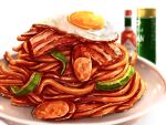  blurry blurry_background egg_(food) food food_focus fried_egg highres hot_sauce kaneko_ryou meat napolitan no_humans original pasta plate simple_background spaghetti still_life tabasco vegetable white_background 