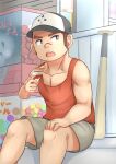  1boy aged_down akashi_(live_a_hero) child eating highres live_a_hero long_sideburns male_focus muscular muscular_child red_eyes red_hair red_tank_top sabita_kan scar scar_on_face scar_on_nose short_hair shorts sideburns sitting solo tank_top thick_eyebrows 