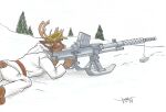 2024 anthro antlers barefoot brown_body brown_eyes clothed clothing deer feet finland gun hat headgear headwear holding_gun holding_object holding_rifle holding_weapon horn lahti_l-39 lying maarku_(rabbi-tom) male mammal new_world_deer on_front outside plant rabbi-tom ranged_weapon reindeer solo tree weapon white_clothing winter