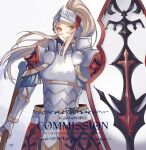  1girl armor commission fire_emblem fire_emblem_engage full_armor grey_armor high_ponytail holding holding_polearm holding_shield holding_weapon jade_(fire_emblem) kazuha_(kazuha1003) plate_armor polearm shield solo visor_(armor) weapon yellow_eyes 