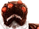  absurdres cake cake_slice chocolate chocolate-cake food food_focus fruit highres kaneko_ryou no_humans original simple_background still_life strawberry white_background 