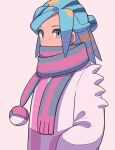  1boy alternate_color blue_eyes blue_hair eyelashes grusha_(pokemon) hand_in_pocket highres jacket looking_at_viewer male_focus pink_scarf poke_ball_print pokemon pokemon_masters_ex scarf scarf_over_mouth simple_background solo striped_clothes striped_scarf tyako_089 upper_body 