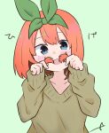  1girl :d bangs blue_eyes blush brown_sweater commentary eyebrows_behind_hair go-toubun_no_hanayome green_background green_ribbon hair_between_eyes hair_ribbon hands_up head_tilt highres kujou_karasuma long_sleeves looking_at_viewer nakano_yotsuba open_mouth orange_hair ribbon signature simple_background sleeves_past_wrists smile solo sweater upper_body 