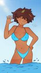  1girl amphibia anne_boonchuy areola_slip bikini blue_bikini brown_hair closed_eyes closed_mouth covered_nipples dark-skinned_female dark_skin day elcokidraws hand_on_own_hip head_tilt highres leaf leaf_on_head navel outdoors smile solo sun swimsuit wading water waving 