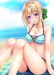  1girl absurdres bare_arms bare_legs bare_shoulders beach bikini blonde_hair blush braid braided_bun breasts cleavage collarbone day hair_ornament hairclip highres kantai_collection large_breasts ocean open_mouth perth_(kancolle) purple_eyes ruin_re_birth short_hair smile solo swimsuit 