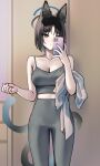  1girl absurdres animal_ears black_eyes black_hair blue_archive blue_halo breasts camisole cat_ears cat_tail cellphone cleavage collarbone grey_camisole grey_pants halo highres holding holding_phone indoors kikyou_(blue_archive) medium_breasts multiple_tails pants phone raki_kr short_hair smartphone solo tail two_tails 