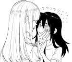  2girls ? ?? bags_under_eyes blush cardigan cardigan_vest confused couple eye_contact face-to-face flying_sweatdrops from_side grabbing_another&#039;s_chin greyscale hand_on_another&#039;s_chin hand_on_another&#039;s_face imminent_kiss katou_asuka kuroki_tomoko long_hair looking_at_another meronpan_saikyo mojo monochrome multiple_girls necktie open_mouth profile school_uniform shirt spoken_question_mark stroking_another&#039;s_chin sweatdrop watashi_ga_motenai_no_wa_dou_kangaetemo_omaera_ga_warui! yuri 