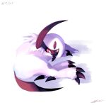  absol bright_pupils claws full_body highres likey lying no_humans pokemon pokemon_(creature) red_eyes signature solo white_fur white_pupils 
