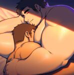  2boys afterglow bara between_pectorals cuddling david_lee_(d_lee1234) facial_hair from_above hand_on_another&#039;s_back head_between_pecs highres large_hands light male_focus medium_sideburns multiple_boys nude original pectorals shadow short_hair sideburns_stubble size_difference stubble sunlight thick_eyebrows upper_body yaoi 