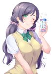  1girl ;) absurdres aqua_eyes bangs bow bowtie breasts closed_mouth green_neckwear highres kobayashi_nyoromichi large_breasts long_hair looking_at_viewer love_live! love_live!_school_idol_project low_twintails milk_carton one_eye_closed otonokizaka_school_uniform purple_hair school_uniform scrunchie shirt short_sleeves smile solo striped striped_neckwear summer_uniform sweater_vest swept_bangs toujou_nozomi twintails upper_body white_shirt 
