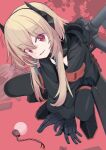  1girl armband arms_between_legs assault_rifle black_hoodie black_skirt blonde_hair blood blood_splatter commentary_request full_body girls&#039;_frontline gun head_tilt highres hood hood_down hoodie long_hair long_sleeves looking_at_viewer m4_carbine m4_sopmod_ii m4_sopmod_ii_(girls&#039;_frontline) ma40414 mechanical_arms mechanical_parts multicolored_hair pantyhose parted_lips red_background red_eyes red_hair rifle sidelocks skirt smile solo squatting streaked_hair weapon weapon_on_back 