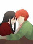  1boy 1girl ^_^ black_hair closed_eyes closed_mouth commentary_request couple emiya_shirou facing_another fate/stay_night fate_(series) from_side green_sweater hair_down hetero long_hair long_sleeves looking_at_another on_floor open_mouth orange_hair profile red_shirt ribbed_sweater shirt short_hair sidelocks simple_background smile spiked_hair straight_hair suzuko_(star8383) sweater tohsaka_rin white_background 