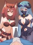  2girls belt blue_hair breasts character_request collarbone detached_sleeves grin hair_between_eyes hair_ornament highres horns iseshi long_hair looking_at_viewer mask medium_breasts medium_hair multiple_girls navel panties pov princess_connect! red_eyes red_hair smile underwear 