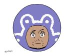  1boy closed_mouth commentary_request dark-skinned_male dark_skin expressionless facial_hair head_only laventon_(pokemon) looking_at_viewer male_focus pokemon pokemon_legends:_arceus purple_eyes purple_headwear simple_background solo stubble tsuruba_(tsu41014812) twitter_username watermark white_background 