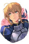  1girl ahoge armor artoria_pendragon_(fate) blonde_hair blue_dress blue_ribbon braid breastplate cropped_shoulders dress fate_(series) floral_background flower green_eyes hair_ribbon hungry_clicker looking_up pink_lips puffy_sleeves ribbon rose saber_(fate) short_hair sidelocks solo 