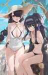  2girls bare_shoulders beach bikini black_bikini black_hair blue_archive blue_eyes blue_sky blush braid braided_ponytail breasts casual_one-piece_swimsuit choker cleavage collarbone dema_hmw earrings grey_sweater hair_over_one_eye hairband halo hat highres hinata_(blue_archive) hinata_(swimsuit)_(blue_archive) jewelry large_breasts long_hair long_sleeves looking_at_viewer multiple_girls navel necklace one-piece_swimsuit open_clothes open_mouth palm_tree ponytail red_eyes shore sidelocks sitting sky small_breasts smile sun_hat sweater swept_bangs swimsuit thighs tree ui_(blue_archive) ui_(swimsuit)_(blue_archive) very_long_hair white_one-piece_swimsuit yellow_headwear 