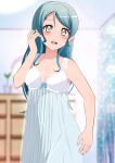  1girl absurdres aqua_hair bang_dream! blurry blurry_background commentary_request commission depth_of_field hand_in_own_hair highres hikawa_sayo indoors kisaragi_setsu_(mssk8485) long_hair looking_at_viewer nightgown partial_commentary pixiv_commission sleepwear solo standing yellow_eyes 
