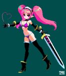  1girl bikini black_gloves black_thighhighs boots breasts choker cleavage elbow_gloves frilled_bikini frills full_body gloves green_background heart high_heel_boots high_heels holding holding_sword holding_weapon large_breasts long_hair mabius navel original pink_bikini pink_eyes pink_hair pixel_art pointy_ears simple_background solo swimsuit sword thighhighs twintails weapon 