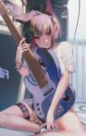  1girl absurdres animal_ears animal_print bass_guitar belt black_belt blue_archive blush breasts cat_ears cat_print closed_mouth colored_inner_hair dance_arm highres holding holding_bass holding_instrument instrument kazusa_(band)_(blue_archive) kazusa_(blue_archive) large_breasts looking_at_viewer medium_hair multicolored_hair pink_eyes pink_hair shirt short_sleeves sitting smile solo t-shirt thigh_belt thigh_strap thighs two-tone_hair white_shirt 