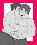  2boys bad_id bad_pixiv_id bara closed_eyes facial_hair feet_out_of_frame from_side goatee goatee_stubble greyscale_with_colored_background hug inset_border jewelry kiss large_pectorals long_sideburns loving_aura male_focus multiple_boys muscular muscular_male nervous_sweating oskn_tengoku outside_border pectoral_docking pectoral_press pectorals profile protagonist_3_(housamo) red_background ring short_hair shy sideburns sparse_chest_hair stubble surprise_kiss surprised sweat takabushi_kengo thick_eyebrows tokyo_afterschool_summoners two-tone_background v-shaped_eyebrows yaoi 