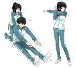  1boy 1girl aqua_jacket aqua_pants artist_logo black_hair breasts chitanda_eru highres hyouka jacket korean_text large_breasts long_hair long_sleeves mery_(yangmalgage) multiple_views oreki_houtarou pants playing_sports ponytail purple_eyes short_hair simple_background sportswear standing stretching translation_request white_background white_footwear white_pants 