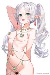  1girl :p arm_behind_head belly_chain blush breasts commentary_request covered_nipples drop_earrings earrings elf frieren gem green_eyes green_gemstone grey_hair heart_maebari highres jewelry long_hair looking_at_viewer machi_(7769) maebari navel necklace paid_reward_available parted_bangs patreon_username pointy_ears short_eyebrows small_breasts solo sousou_no_frieren tongue tongue_out twintails white_background white_hair 