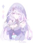  1girl absurdres black_swan_(honkai:_star_rail) breasts cleavage commentary_request dress highres hiranmayi honkai:_star_rail honkai_(series) large_breasts long_hair looking_at_viewer purple_dress purple_eyes purple_hair simple_background smile solo upper_body veil very_long_hair white_background 