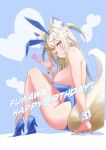  1girl absurdres animal_ear_fluff animal_ears blonde_hair blue_hair breasts character_name dog_ears dog_girl fake_animal_ears fuwawa_abyssgard hair_ornament happy_birthday hashiguchi_hayato highres hololive hololive_english large_breasts leotard long_hair looking_at_viewer multicolored_hair one_eye_closed pink_eyes playboy_bunny rabbit_ears solo strapless strapless_leotard streaked_hair tail virtual_youtuber wrist_cuffs 