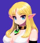  1girl bare_shoulders black_gloves blonde_hair blue_eyes breasts cleavage collar elbow_gloves elf gem gloves green_gemstone large_breasts long_hair looking_at_viewer mabius metal_collar original parted_bangs pixel_art pointy_ears purple_background simple_background solo 