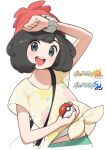  1girl arm_over_head bag bangs beanie black_hair blue_eyes bob_cut copyright_name floral_print green_shorts handbag hat highres holding holding_poke_ball omaru_gyuunyuu open_mouth poke_ball poke_ball_(basic) pokemon pokemon_(game) pokemon_sm red_headwear selene_(pokemon) shirt short_hair shorts simple_background smile solo tied_shirt upper_body upper_teeth watch white_background wristband wristwatch yellow_shirt 