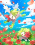  :d blurry blush cloud commentary_request day eye_contact flower flying gen_4_pokemon grass green_eyes highres kikuyoshi_(tracco) looking_at_another mythical_pokemon no_humans open_mouth outdoors pokemon pokemon_(creature) shaymin shaymin_(land) shaymin_(sky) sky smile tongue 