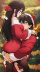  1boy 1girl absurdres artist_logo belt between_breasts black_belt black_hair black_pantyhose blunt_bangs blurry blurry_background blush bow breasts brown_hair chitanda_eru christmas christmas_tree couple dress eyelashes face_between_breasts from_side fur-trimmed_dress fur_trim green_eyes hair_bow hair_ornament half_updo hat head_between_breasts hetero highres holding holding_star hug hyouka kyoto_animation lifting_person long_hair long_sleeves looking_at_another mery_(yangmalgage) off-shoulder_dress off_shoulder open_mouth oreki_houtarou pantyhose pom_pom_(clothes) pom_pom_hair_ornament profile purple_eyes red_bow santa_costume santa_dress santa_hat short_dress short_hair single_bare_shoulder smile star_(symbol) sweatdrop wide_sleeves 