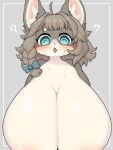 anthro areola big_breasts blue_eyes blush bodily_fluids bow_tie breasts brown_body brown_hair canid canine female hair hi_res huge_breasts inner_ear_fluff mammal open_mouth pink_areola question_mark simple_background solo spiral_eyes sweat tokumori_kaisen tuft white_body