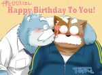2024 anthro blue_body blush brown_body clothing domestic_cat duo english_text facial_hair felid feline felis japanese_text kemono male mammal mustache necktie overweight overweight_male shirt simple_background surprise text topwear toshi_(artist)