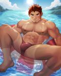  1boy :/ afloat akashi_(live_a_hero) akashi_(water_bullet)_(live_a_hero) bara blush bulge character_print cropped_legs facial_hair goatee gorioxxxx large_pectorals live_a_hero long_sideburns looking_at_viewer male_focus male_swimwear muscular muscular_male ocean on_innertube pectorals red_eyes red_hair red_male_swimwear ryekie_(live_a_hero) scar scar_on_face scar_on_nose see-through short_hair shy sideburns solo spread_legs swim_briefs tan tanlines thick_eyebrows v-shaped_eyebrows 